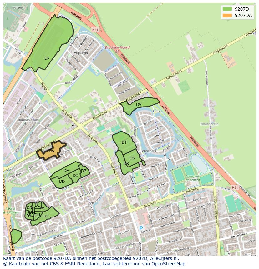 Afbeelding van het postcodegebied 9207 DA op de kaart.