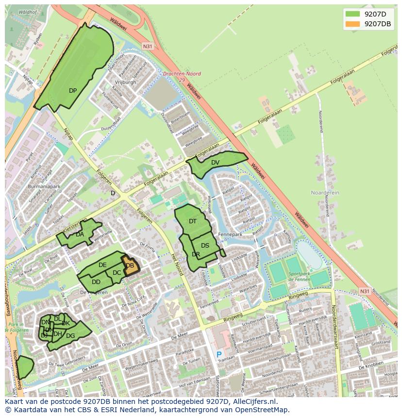 Afbeelding van het postcodegebied 9207 DB op de kaart.