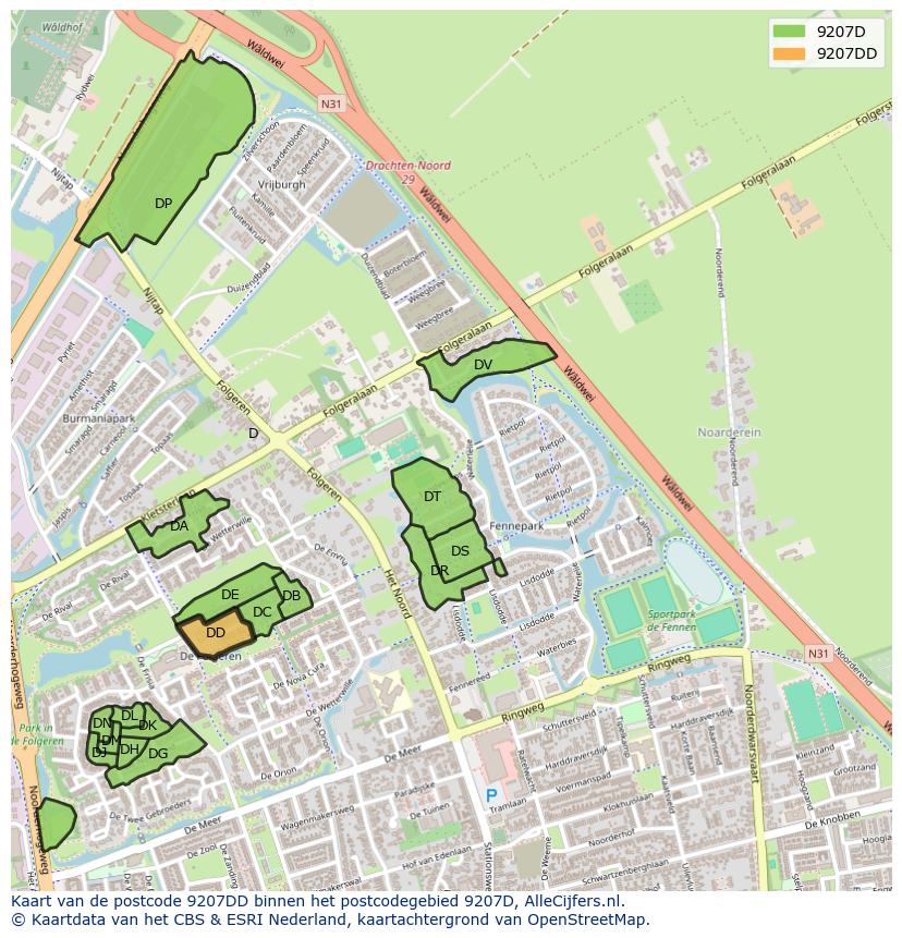Afbeelding van het postcodegebied 9207 DD op de kaart.