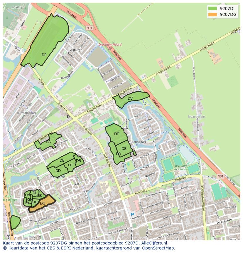 Afbeelding van het postcodegebied 9207 DG op de kaart.