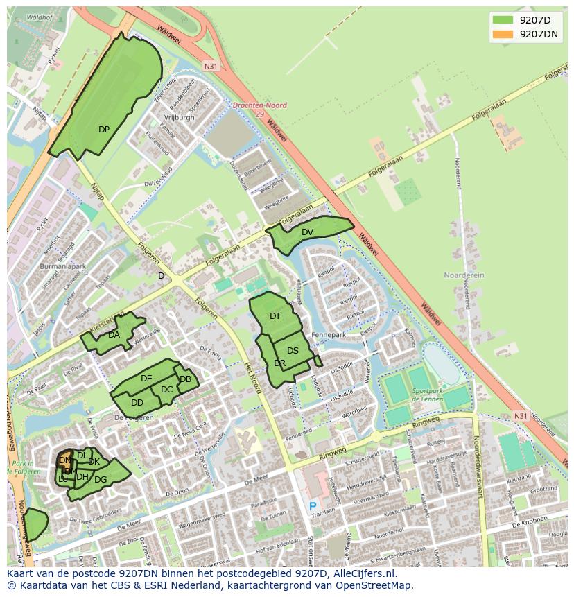 Afbeelding van het postcodegebied 9207 DN op de kaart.