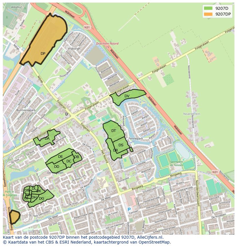 Afbeelding van het postcodegebied 9207 DP op de kaart.