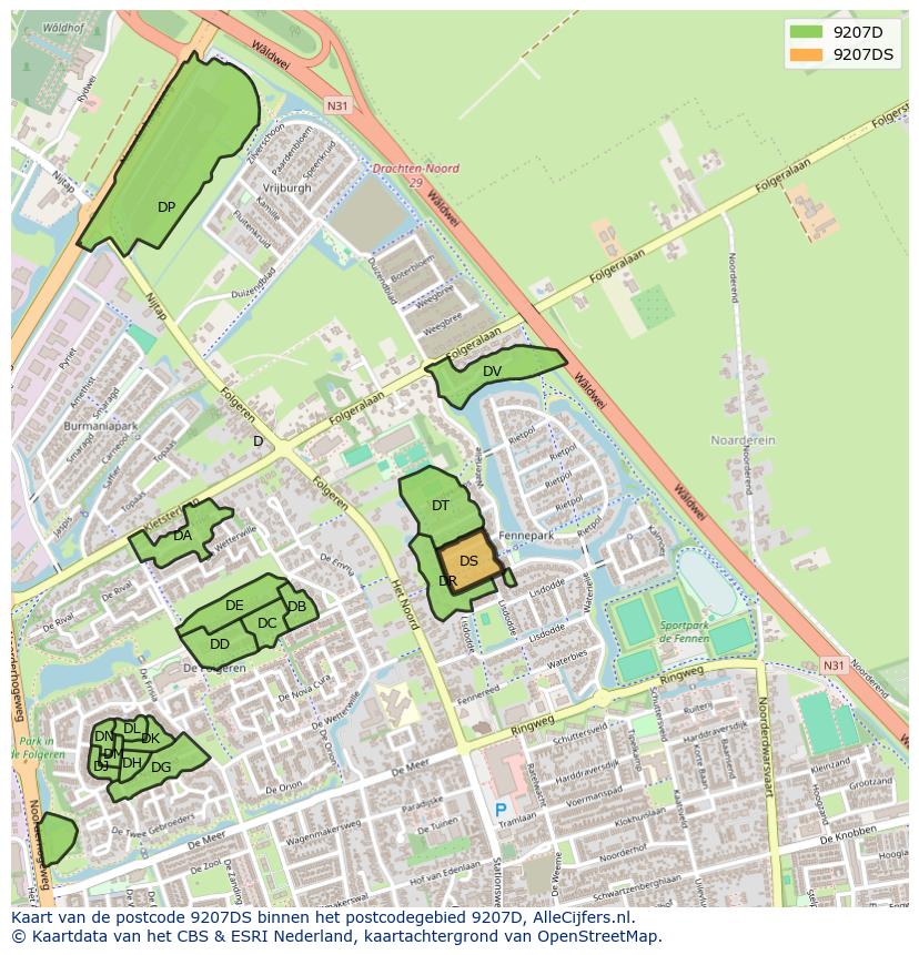Afbeelding van het postcodegebied 9207 DS op de kaart.