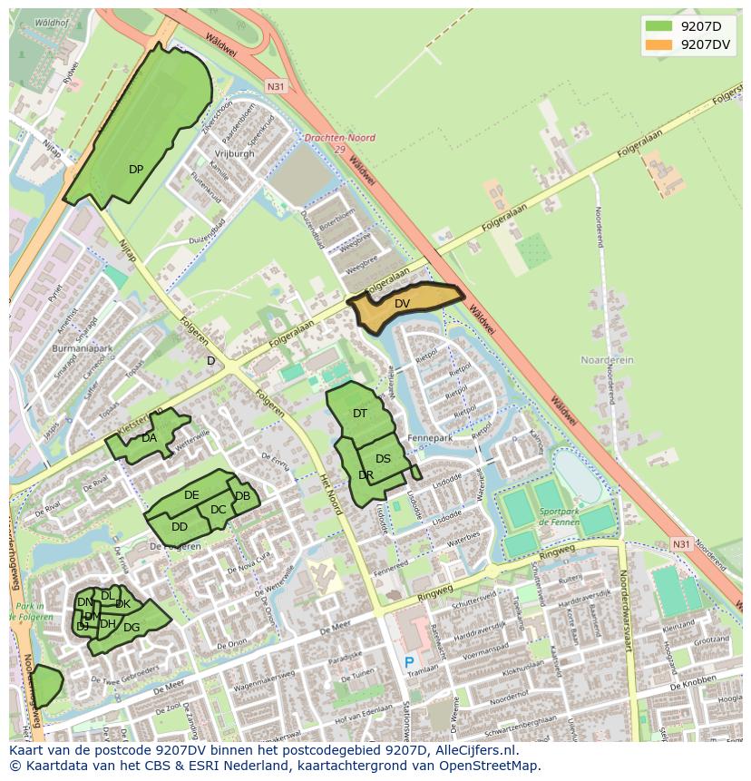 Afbeelding van het postcodegebied 9207 DV op de kaart.