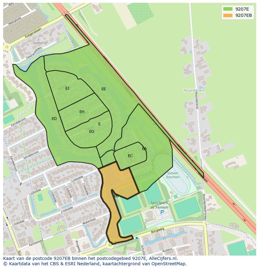 Afbeelding van het postcodegebied 9207 EB op de kaart.