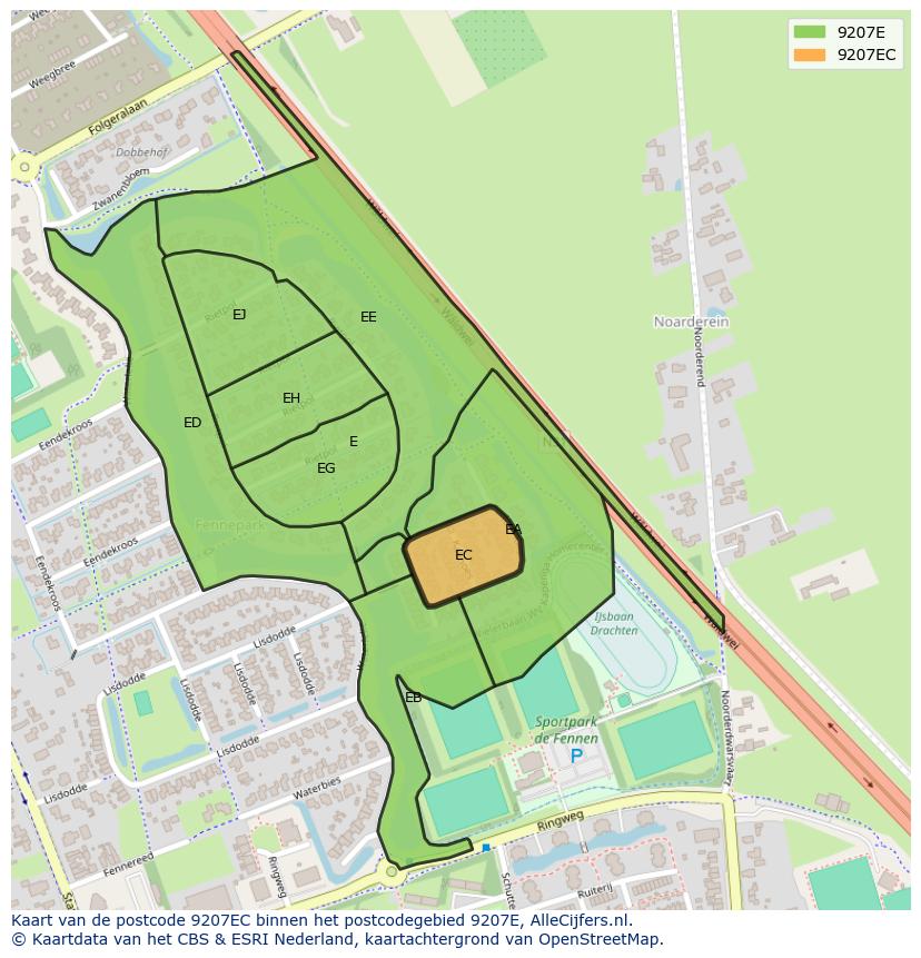 Afbeelding van het postcodegebied 9207 EC op de kaart.