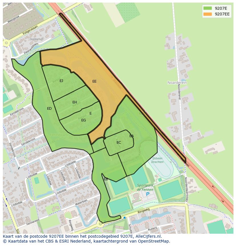 Afbeelding van het postcodegebied 9207 EE op de kaart.