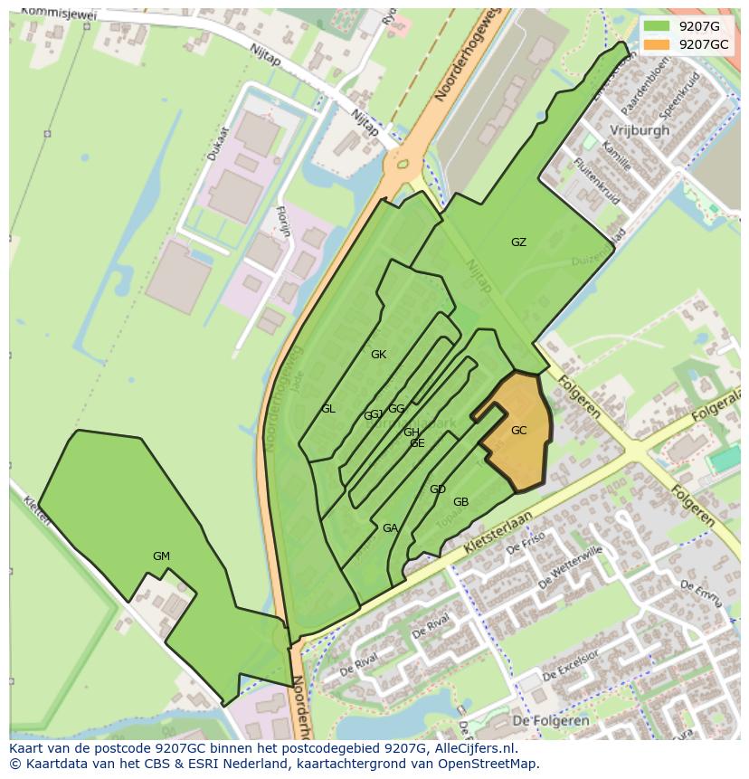 Afbeelding van het postcodegebied 9207 GC op de kaart.