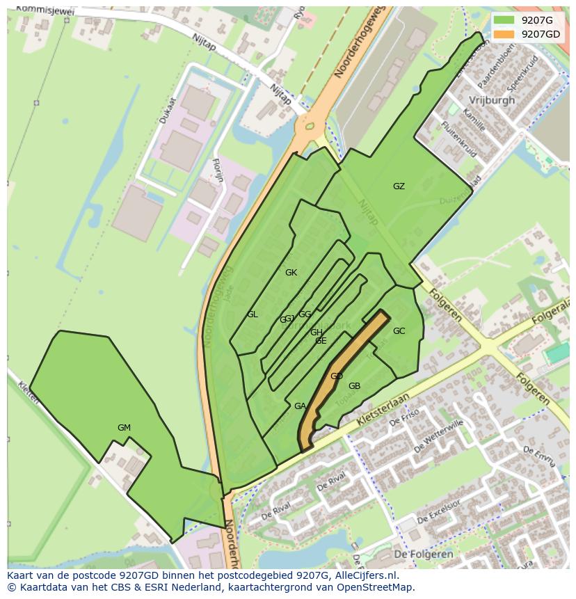 Afbeelding van het postcodegebied 9207 GD op de kaart.