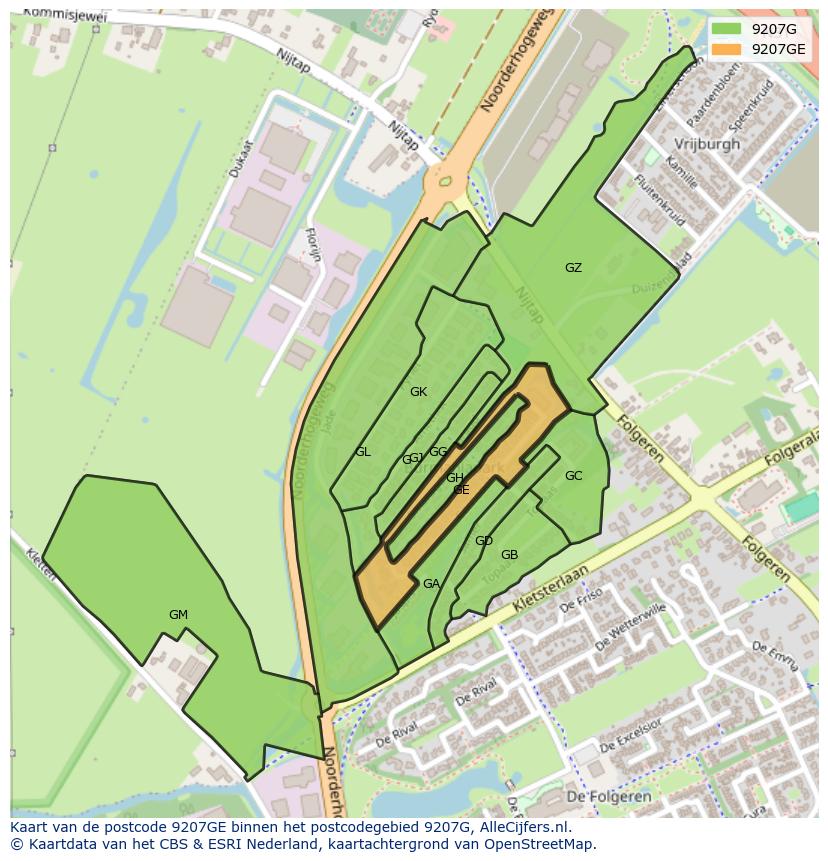 Afbeelding van het postcodegebied 9207 GE op de kaart.
