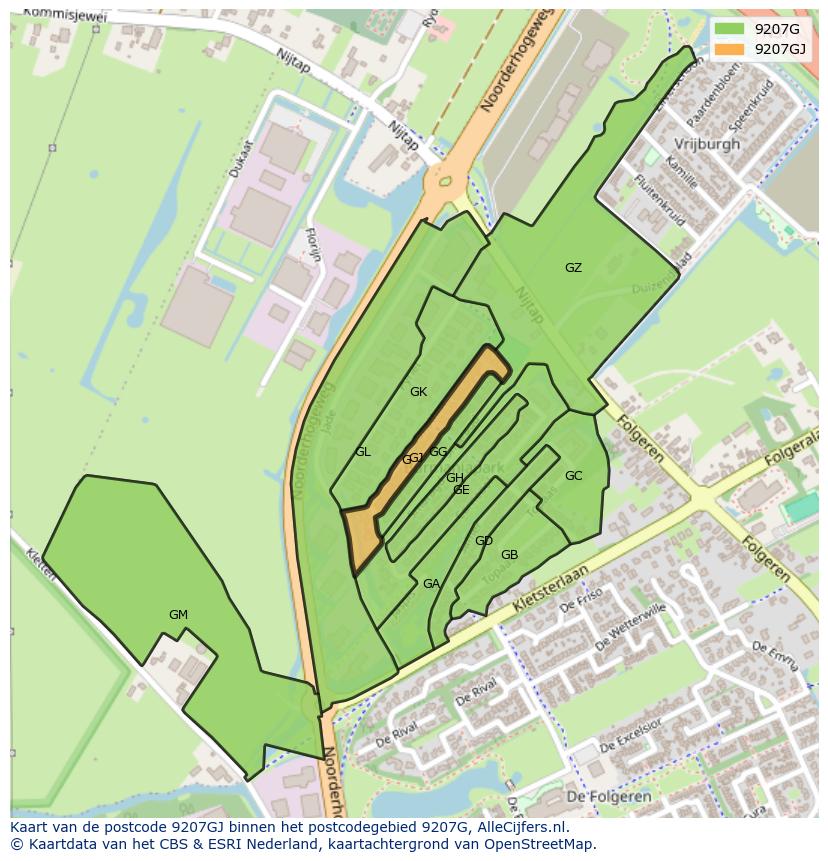 Afbeelding van het postcodegebied 9207 GJ op de kaart.