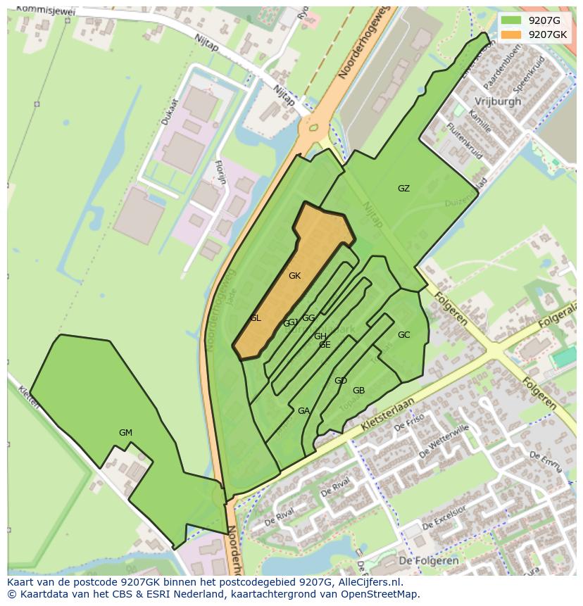 Afbeelding van het postcodegebied 9207 GK op de kaart.