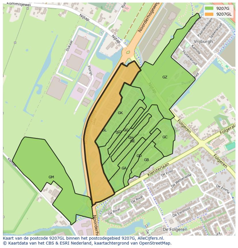Afbeelding van het postcodegebied 9207 GL op de kaart.