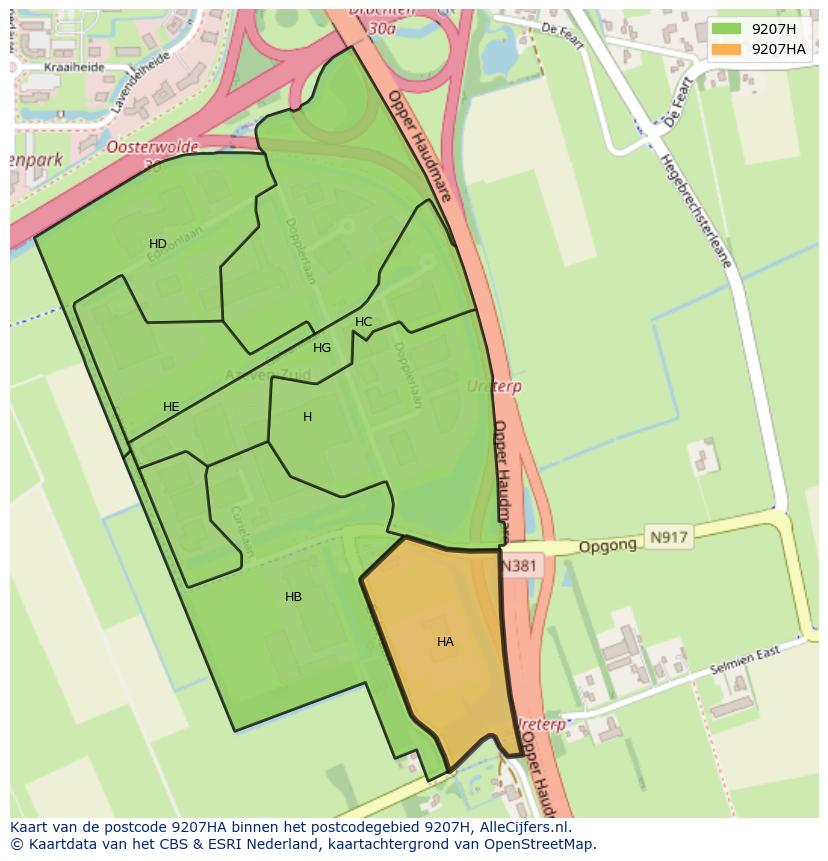 Afbeelding van het postcodegebied 9207 HA op de kaart.
