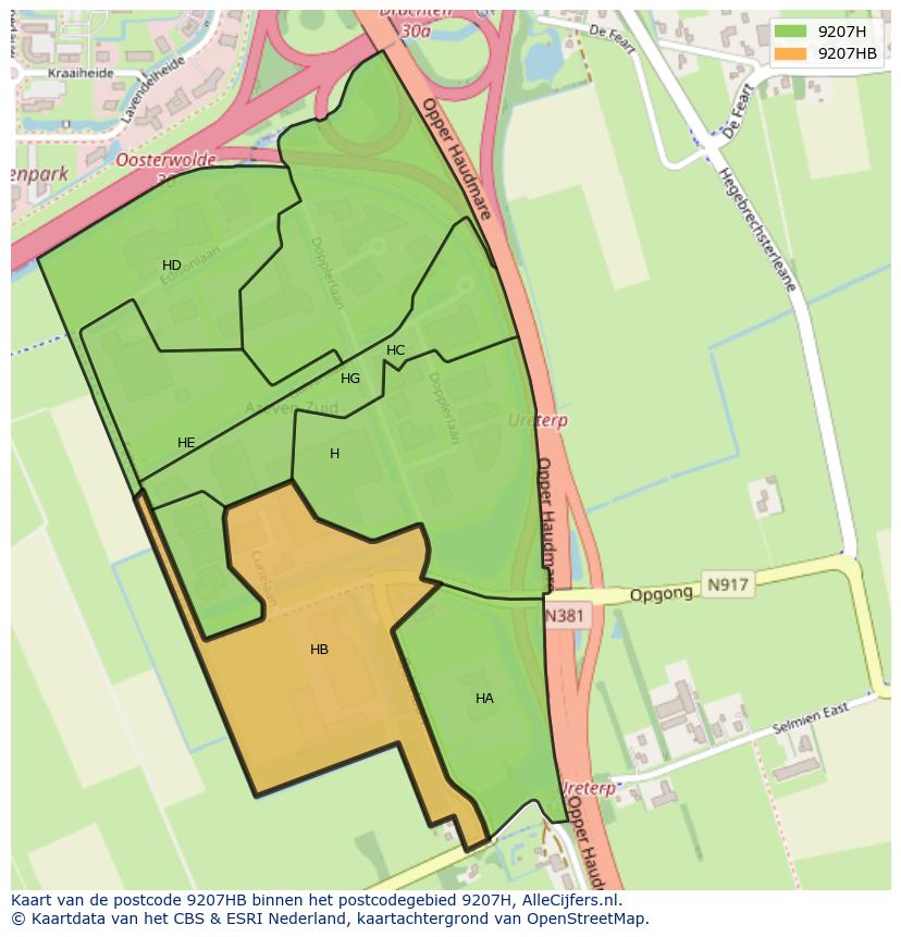 Afbeelding van het postcodegebied 9207 HB op de kaart.