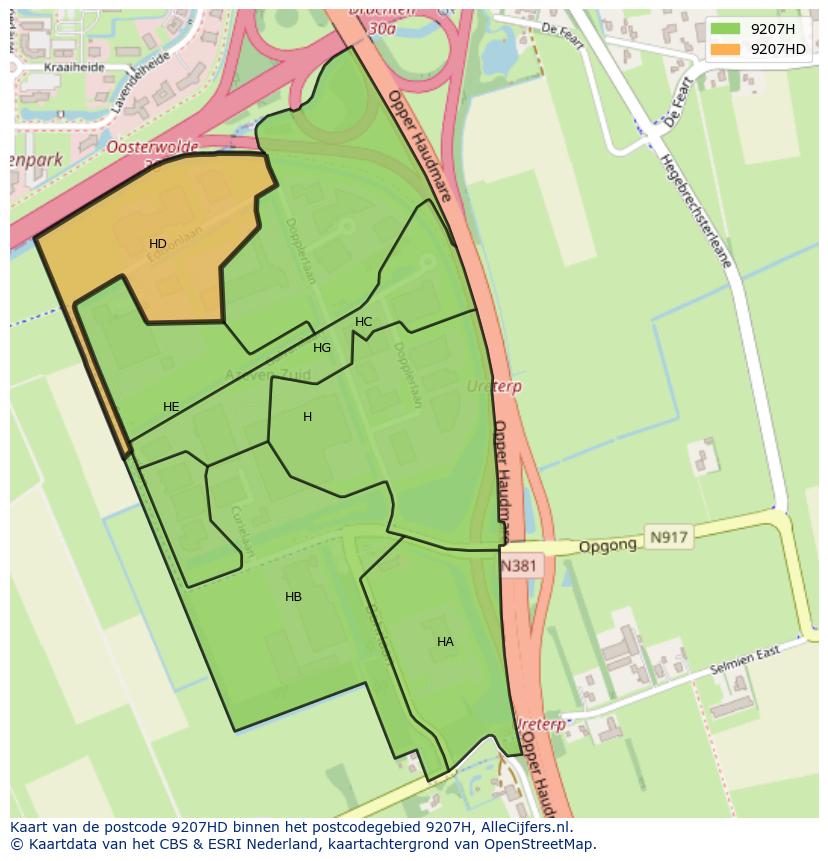 Afbeelding van het postcodegebied 9207 HD op de kaart.