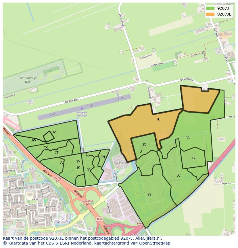 Afbeelding van het postcodegebied 9207 JE op de kaart.