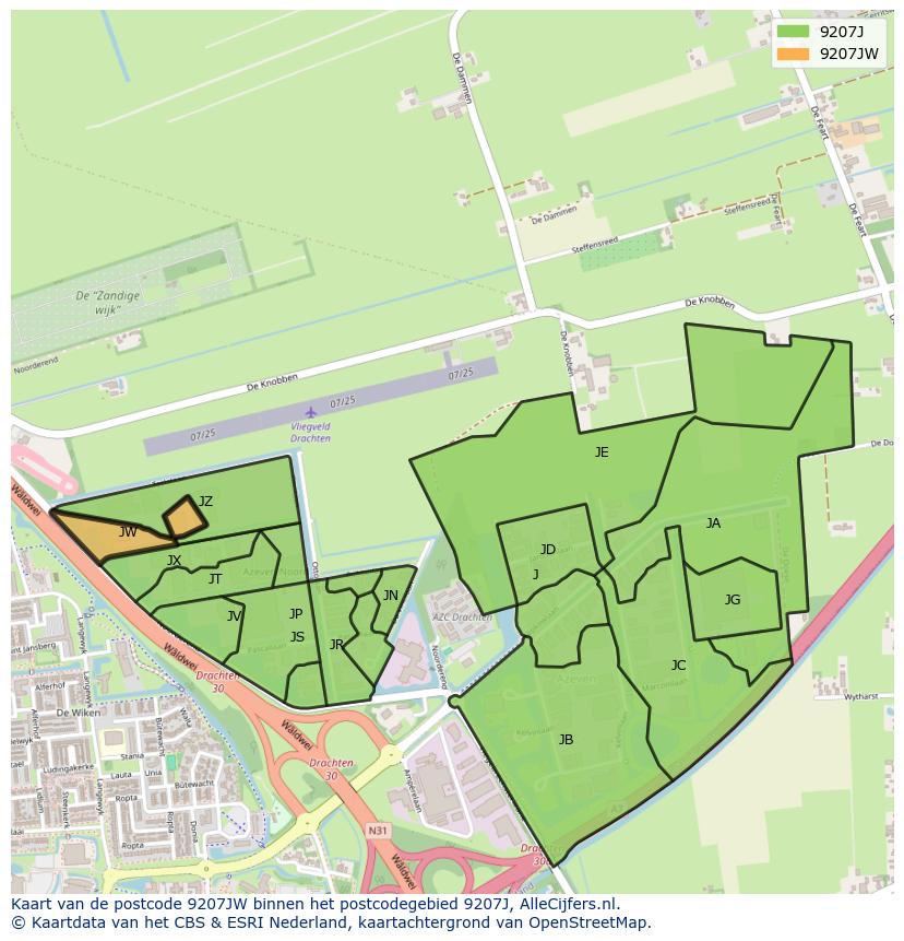 Afbeelding van het postcodegebied 9207 JW op de kaart.