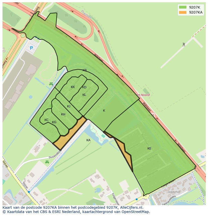 Afbeelding van het postcodegebied 9207 KA op de kaart.