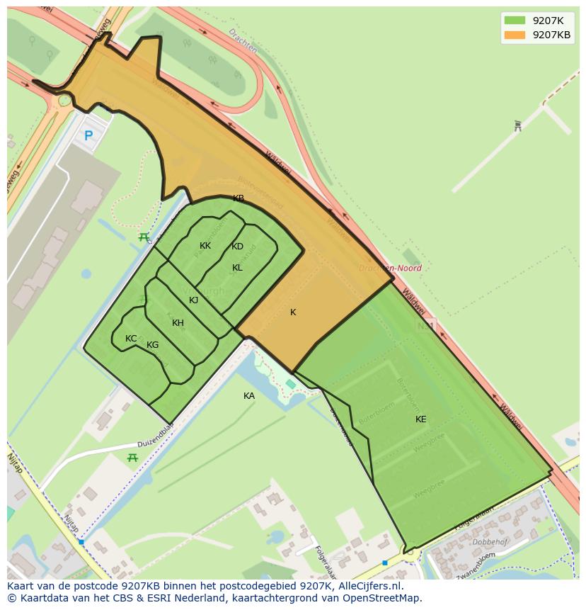 Afbeelding van het postcodegebied 9207 KB op de kaart.