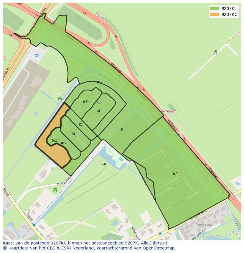 Afbeelding van het postcodegebied 9207 KC op de kaart.