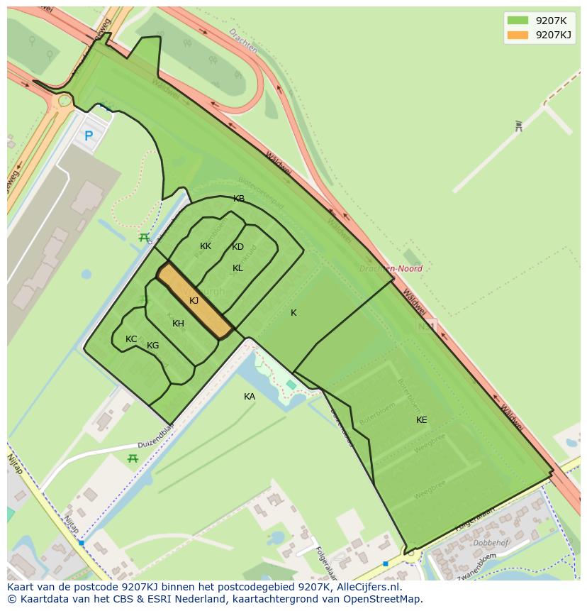 Afbeelding van het postcodegebied 9207 KJ op de kaart.