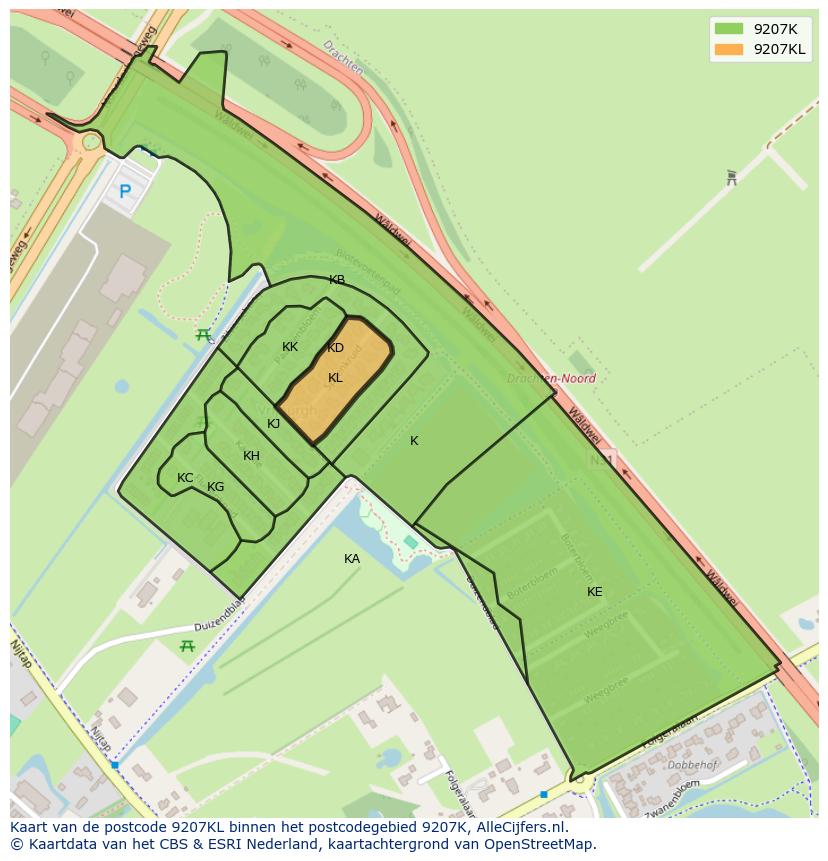 Afbeelding van het postcodegebied 9207 KL op de kaart.