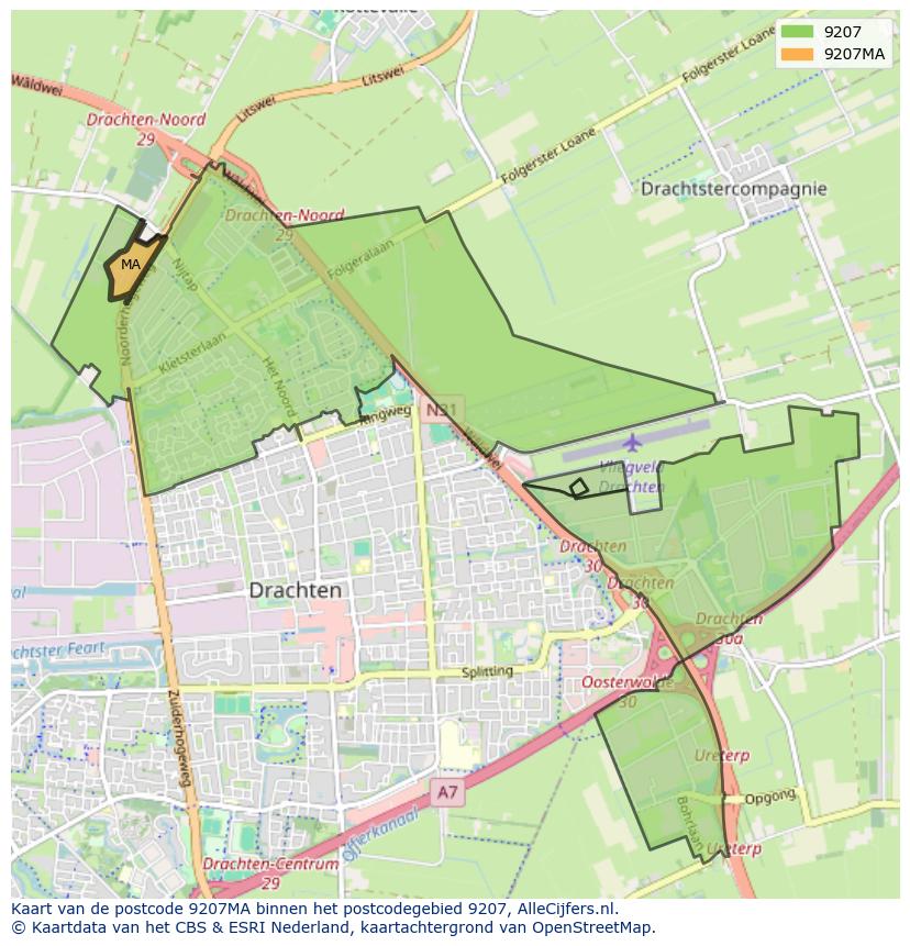 Afbeelding van het postcodegebied 9207 MA op de kaart.