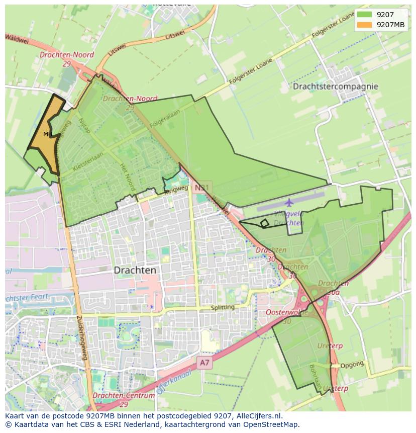 Afbeelding van het postcodegebied 9207 MB op de kaart.