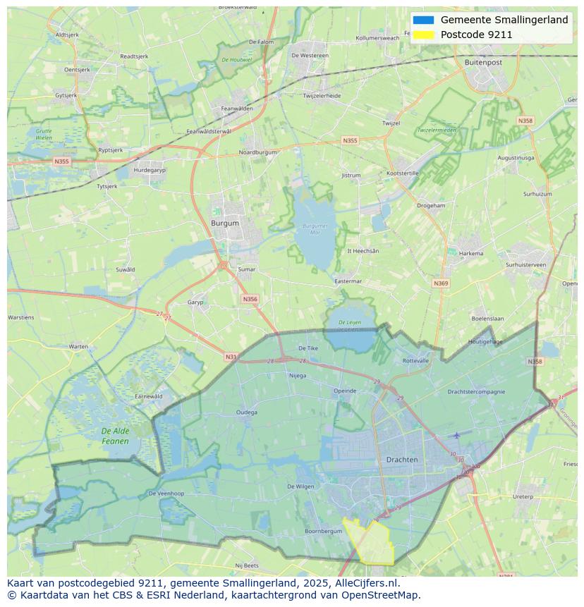 Afbeelding van het postcodegebied 9211 op de kaart.