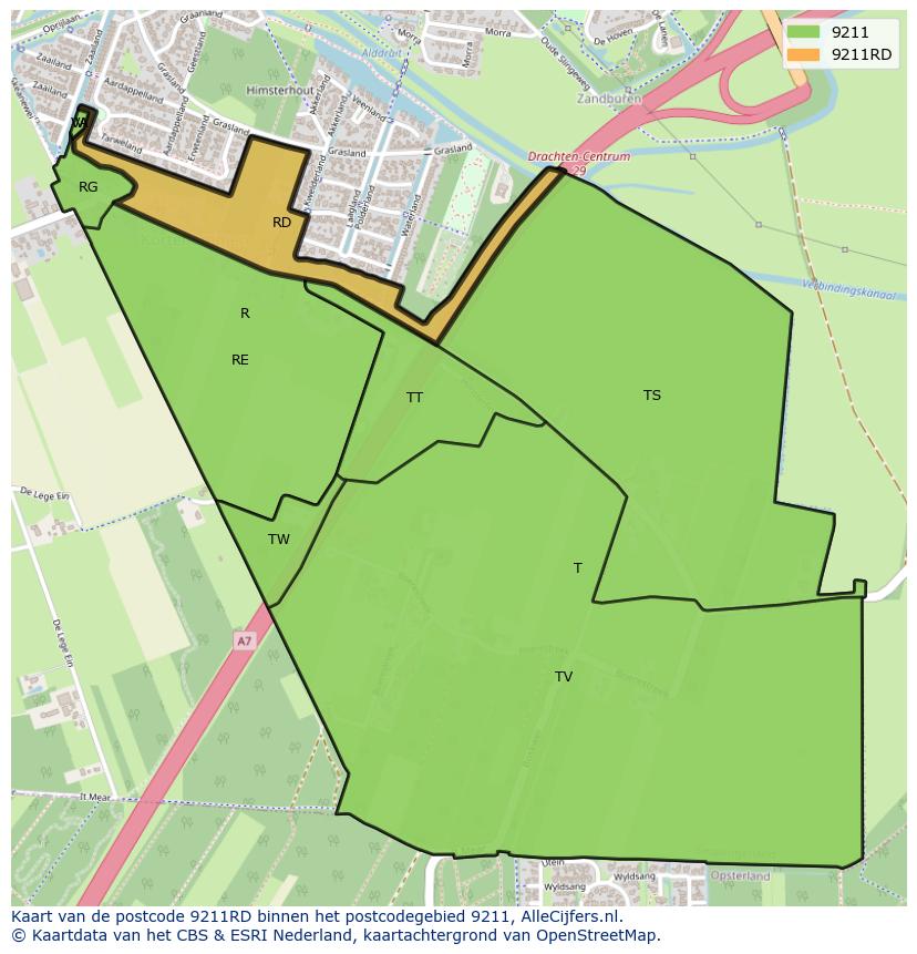 Afbeelding van het postcodegebied 9211 RD op de kaart.