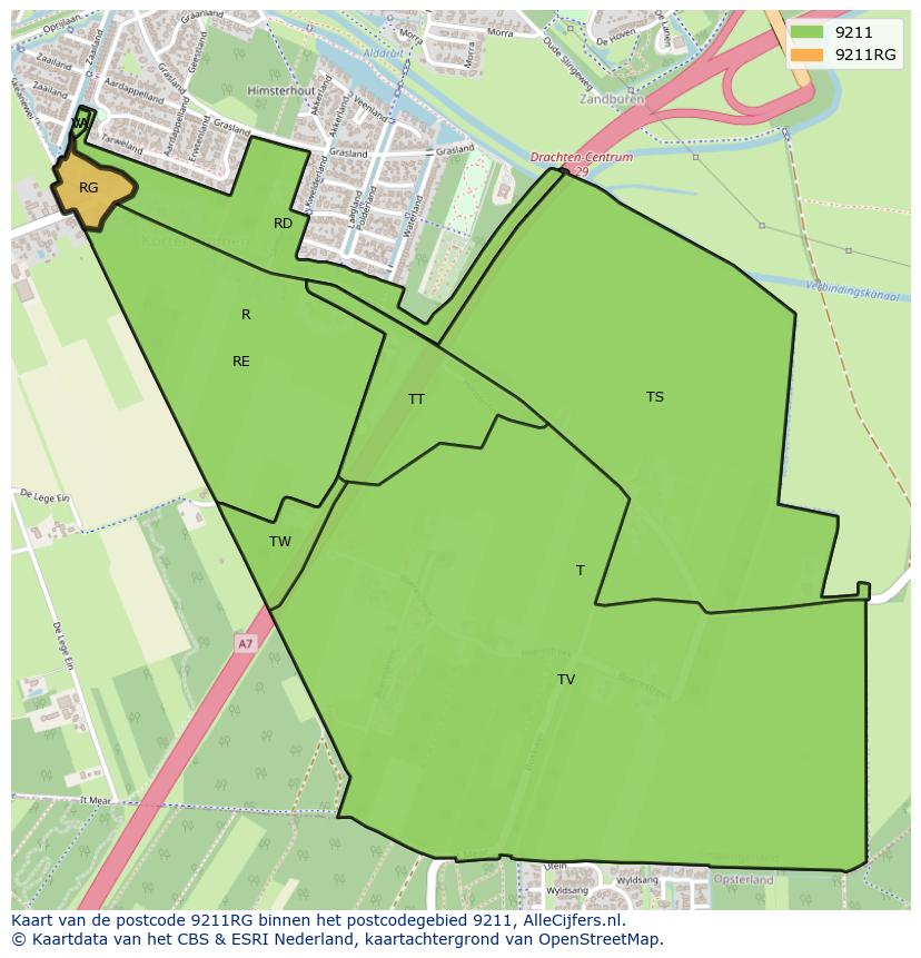 Afbeelding van het postcodegebied 9211 RG op de kaart.