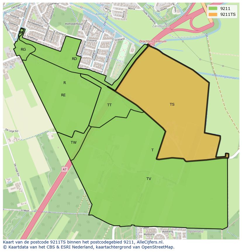 Afbeelding van het postcodegebied 9211 TS op de kaart.