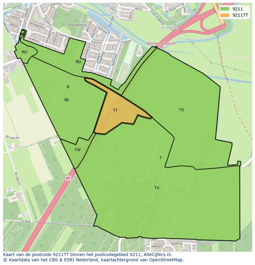 Afbeelding van het postcodegebied 9211 TT op de kaart.