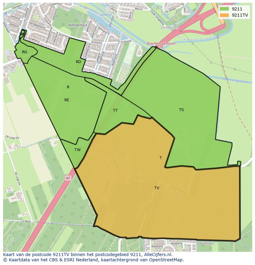 Afbeelding van het postcodegebied 9211 TV op de kaart.