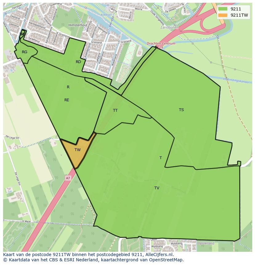 Afbeelding van het postcodegebied 9211 TW op de kaart.
