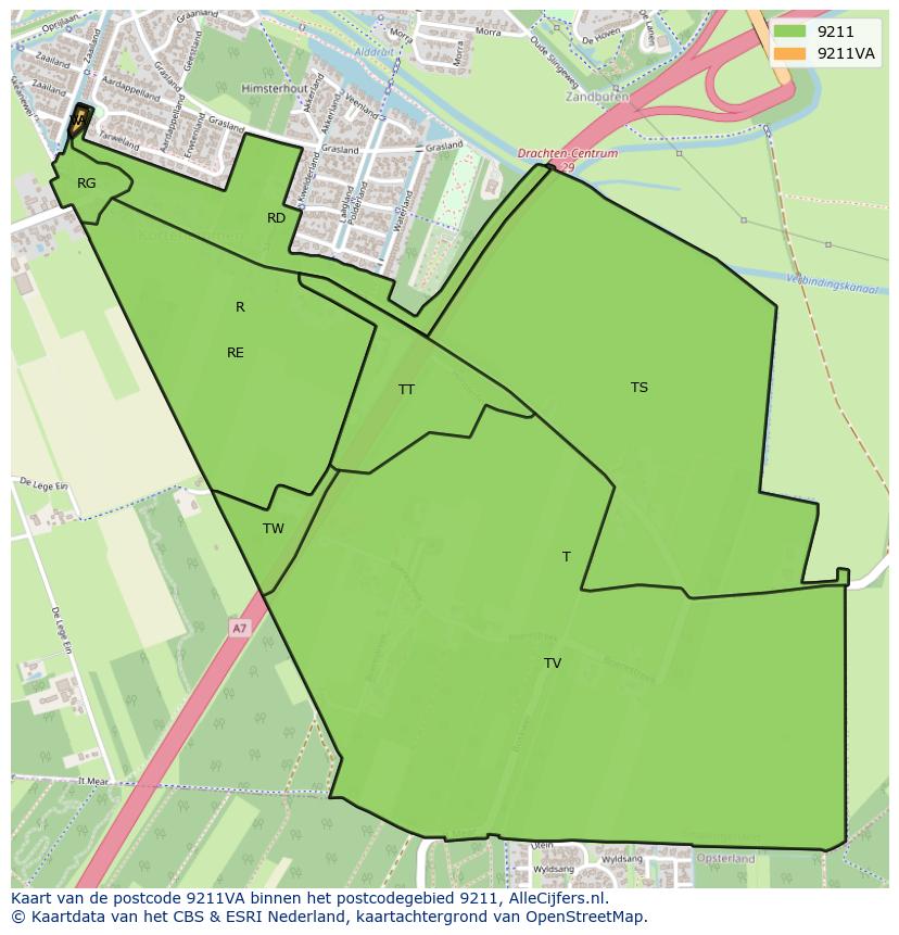 Afbeelding van het postcodegebied 9211 VA op de kaart.