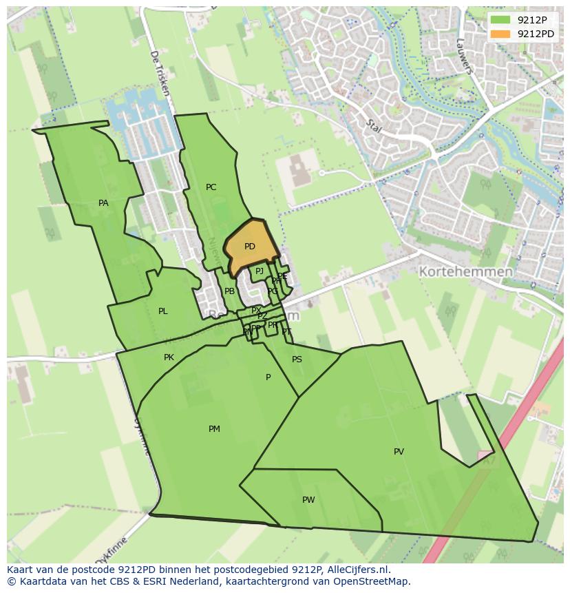 Afbeelding van het postcodegebied 9212 PD op de kaart.