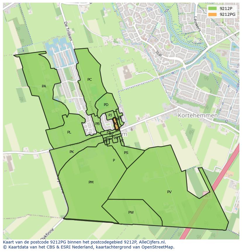 Afbeelding van het postcodegebied 9212 PG op de kaart.