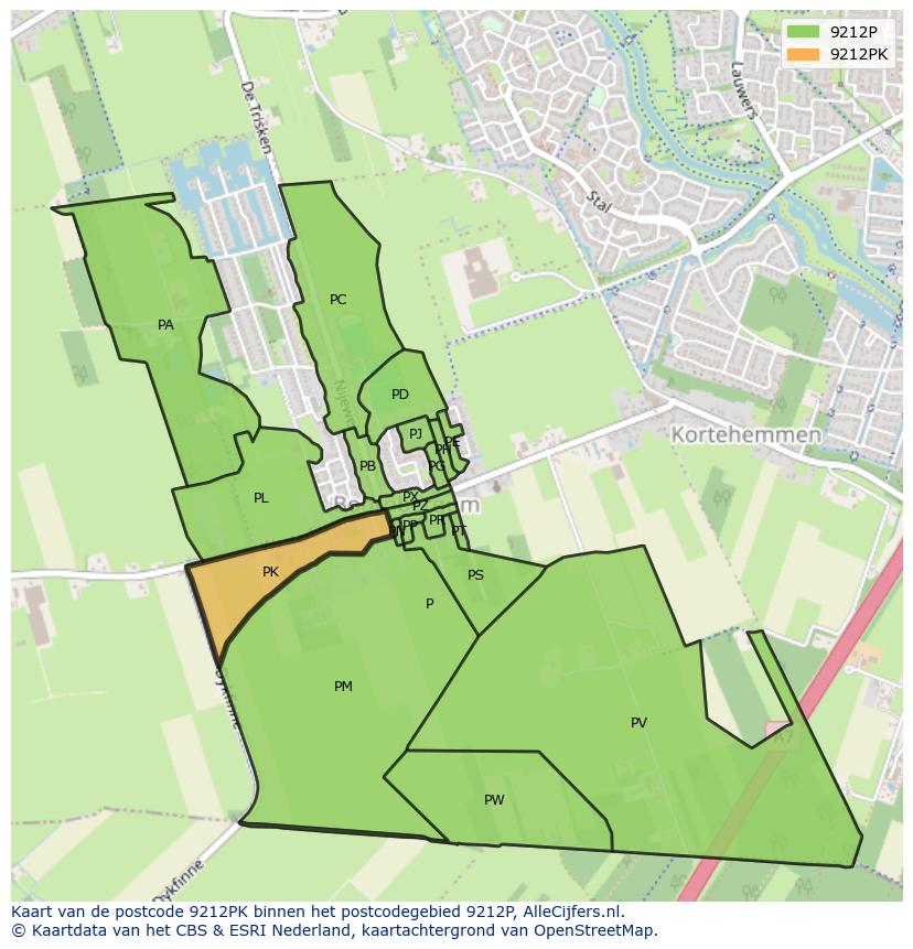 Afbeelding van het postcodegebied 9212 PK op de kaart.