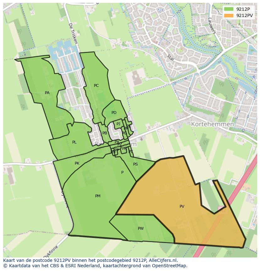 Afbeelding van het postcodegebied 9212 PV op de kaart.