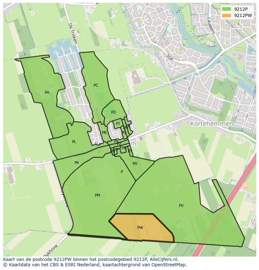 Afbeelding van het postcodegebied 9212 PW op de kaart.