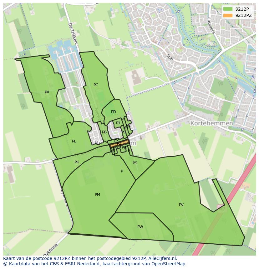 Afbeelding van het postcodegebied 9212 PZ op de kaart.