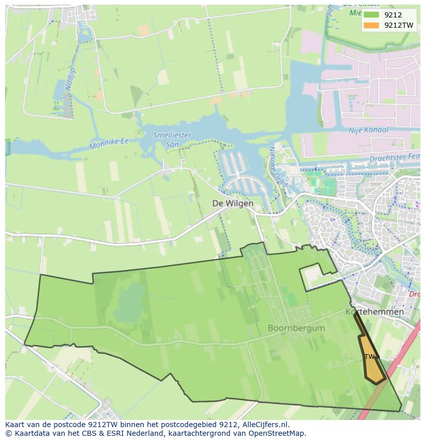 Afbeelding van het postcodegebied 9212 TW op de kaart.