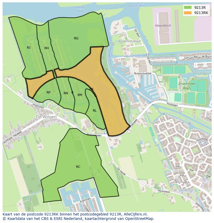 Afbeelding van het postcodegebied 9213 RK op de kaart.