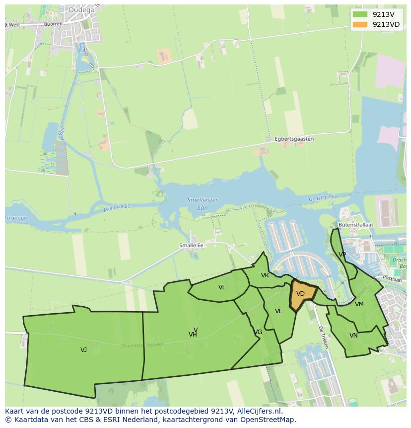 Afbeelding van het postcodegebied 9213 VD op de kaart.