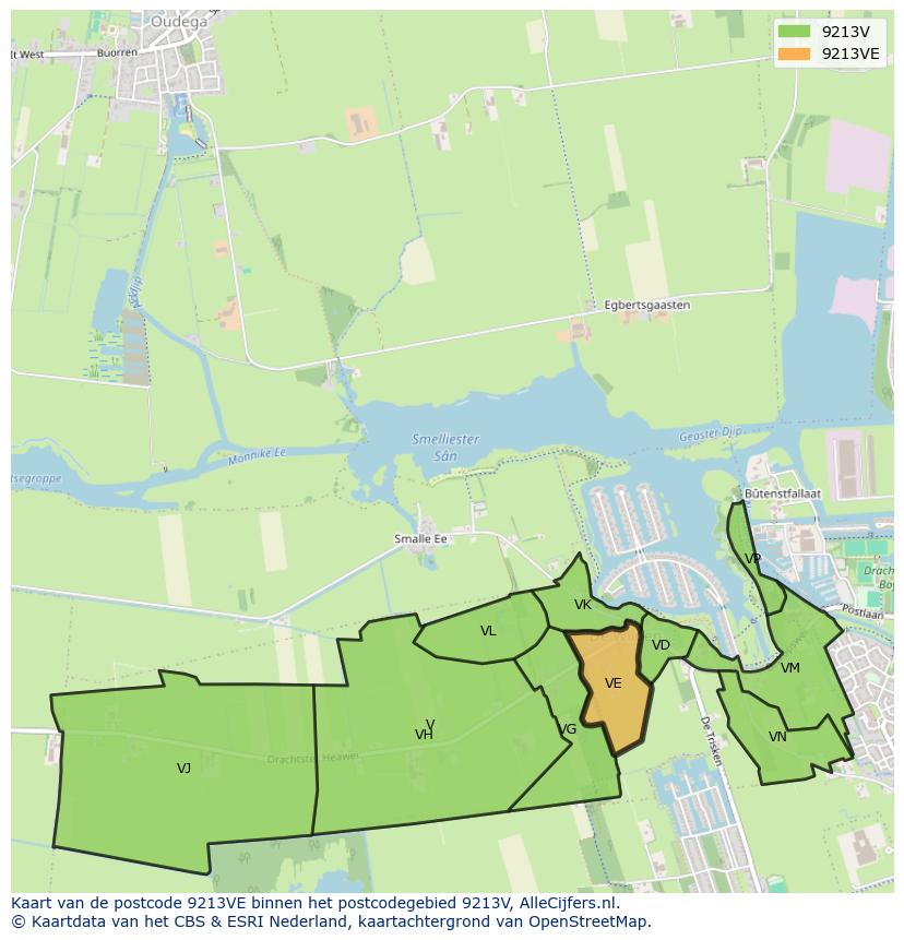 Afbeelding van het postcodegebied 9213 VE op de kaart.