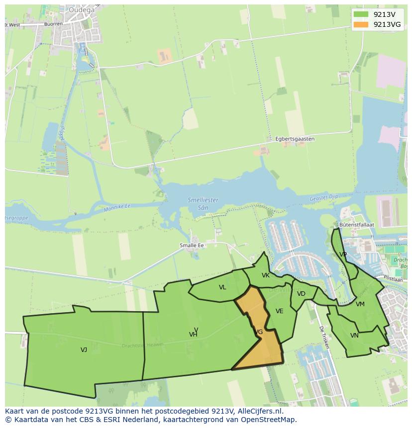 Afbeelding van het postcodegebied 9213 VG op de kaart.