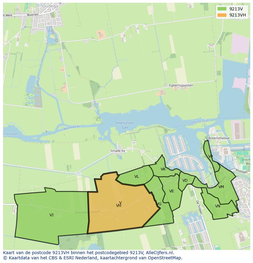 Afbeelding van het postcodegebied 9213 VH op de kaart.