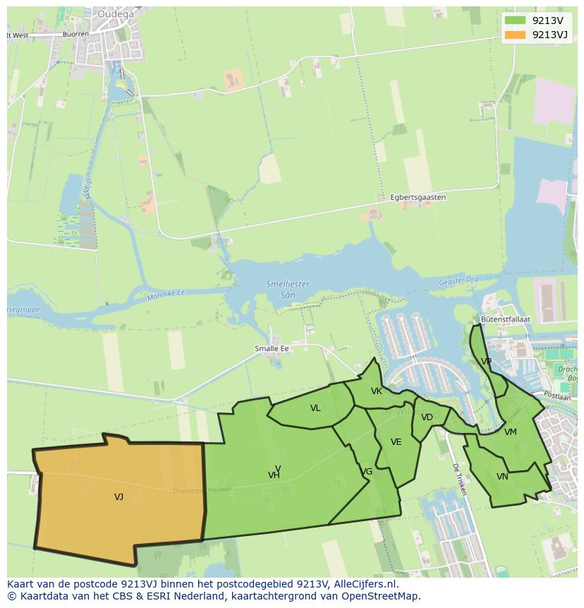 Afbeelding van het postcodegebied 9213 VJ op de kaart.